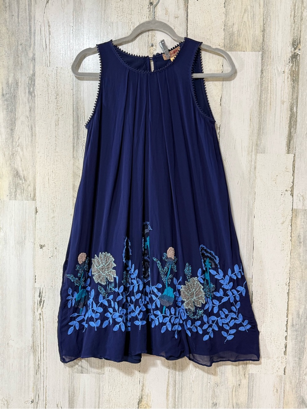 Anthropologie Sleeveless Navy Midi Dress with Blue Floral Embroidery
